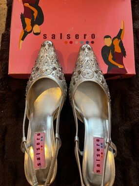 Silver Embellished Pointed Slingback Heels